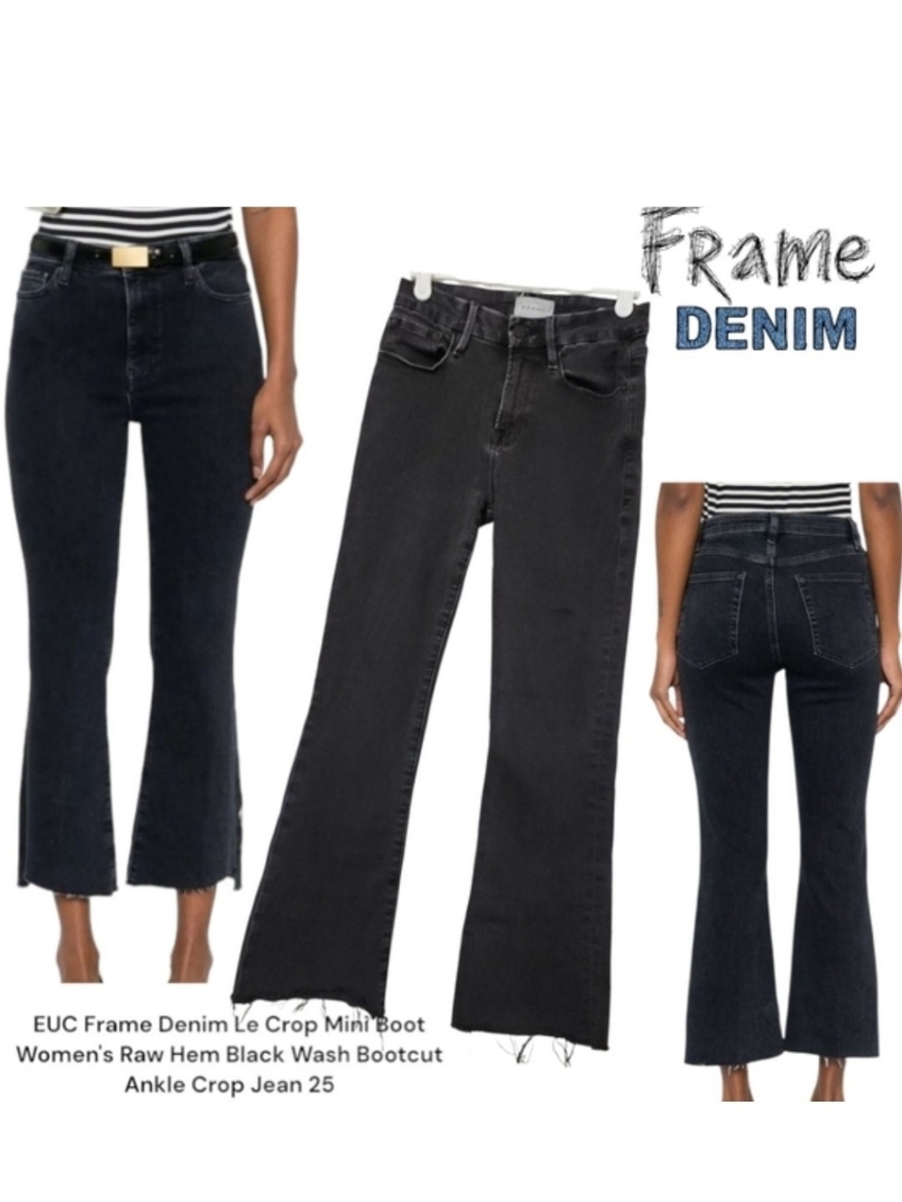 Frame Denim Women Le Crop Mini Boot LCMBRE208 Raw Hem Black Bootcut Ankle Jeans